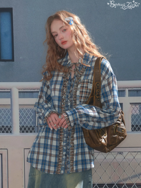 ZiziFei - Oversized Vintage Plaid Shirt with Ruffles