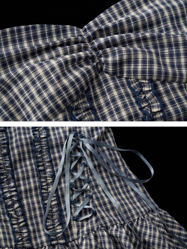 MAMC - Asymmetrical Blue Plaid Lace-Up Dress