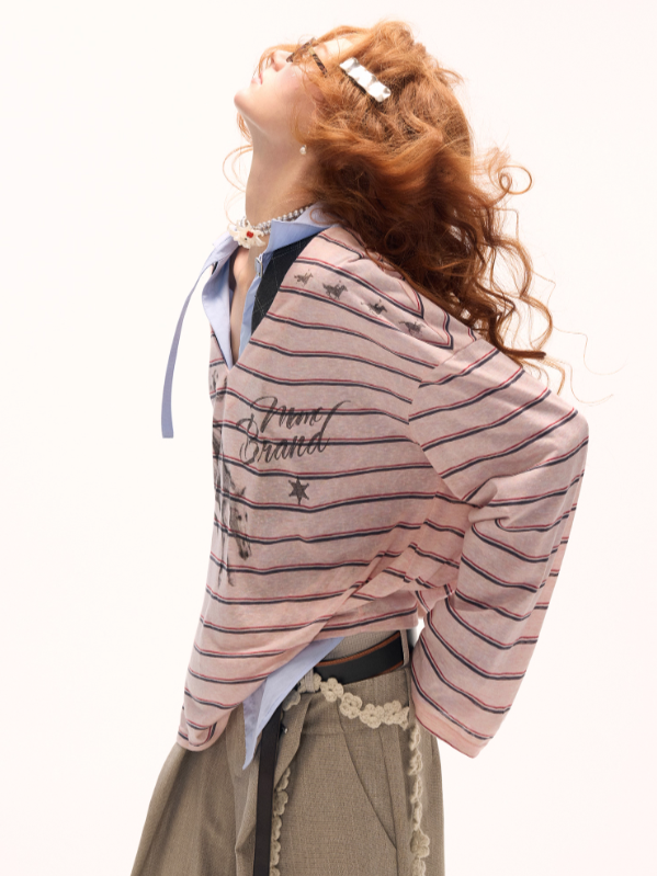 MAMC - “Mind Brand” V-Neck Stripe Tee