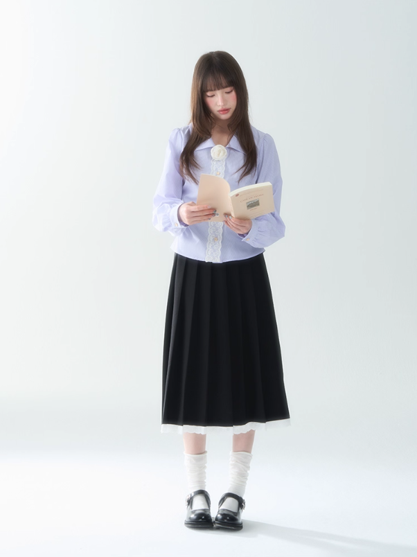 罐头士多所 - "Purple Whisper" Autumn Striped Lace Trim Long Sleeve Shirt