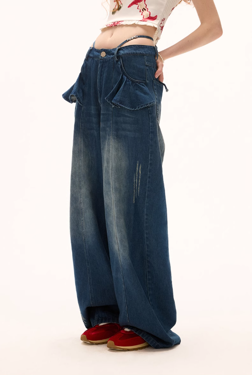 MAMC - Ruffle-Side Wrap Tie Straight Jeans – Edgy Y2K Slim Fit in Blue & Black