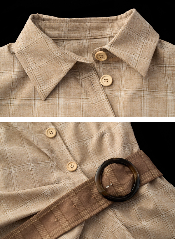 MAMC - Taupe Houndstooth Ring-Belt Shirt – Cinched Waist Fall Streetwear Blouse