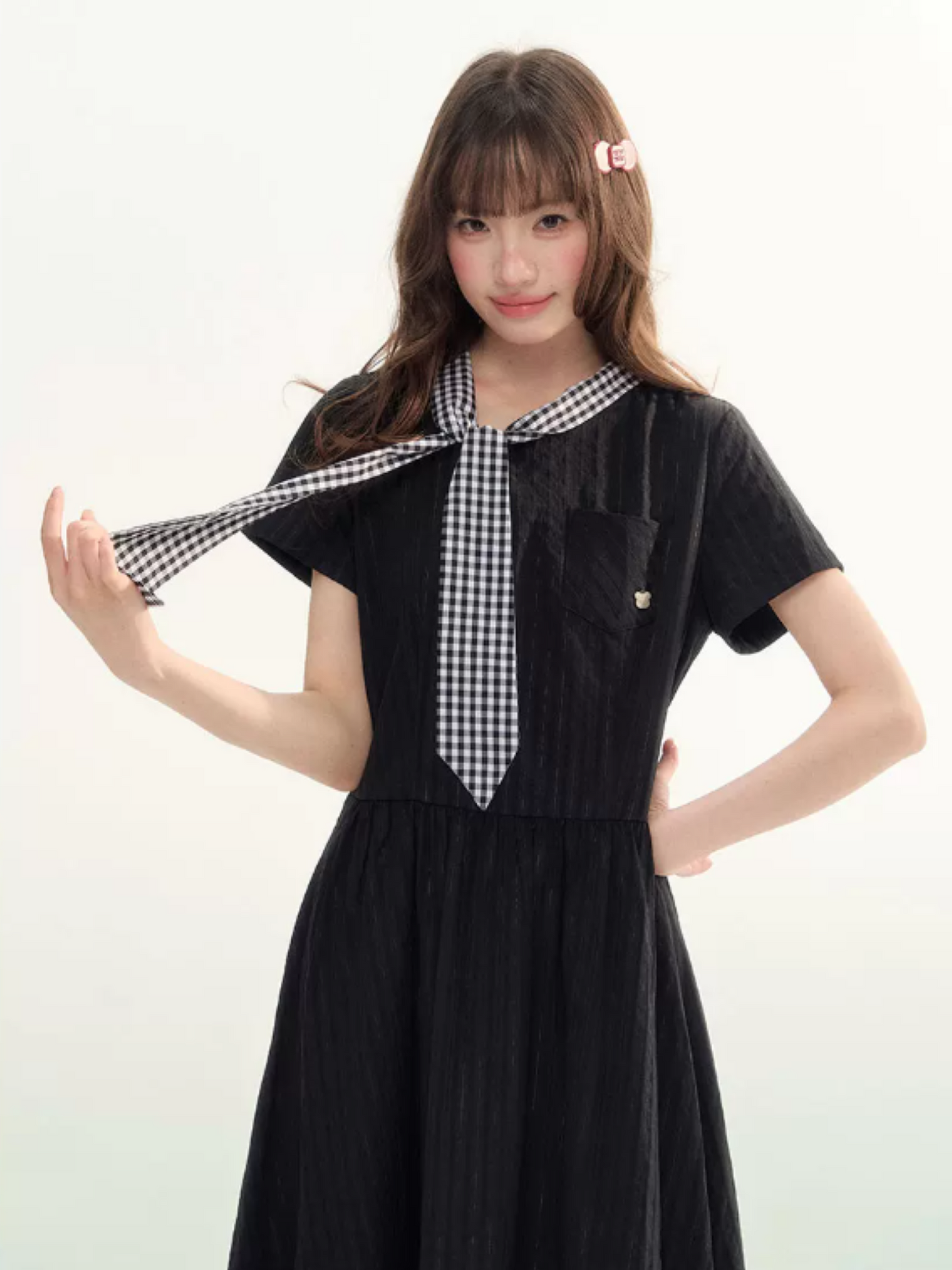 "Summer Ribbon Letter" Tie-Neck Preppy Dress LL2026016