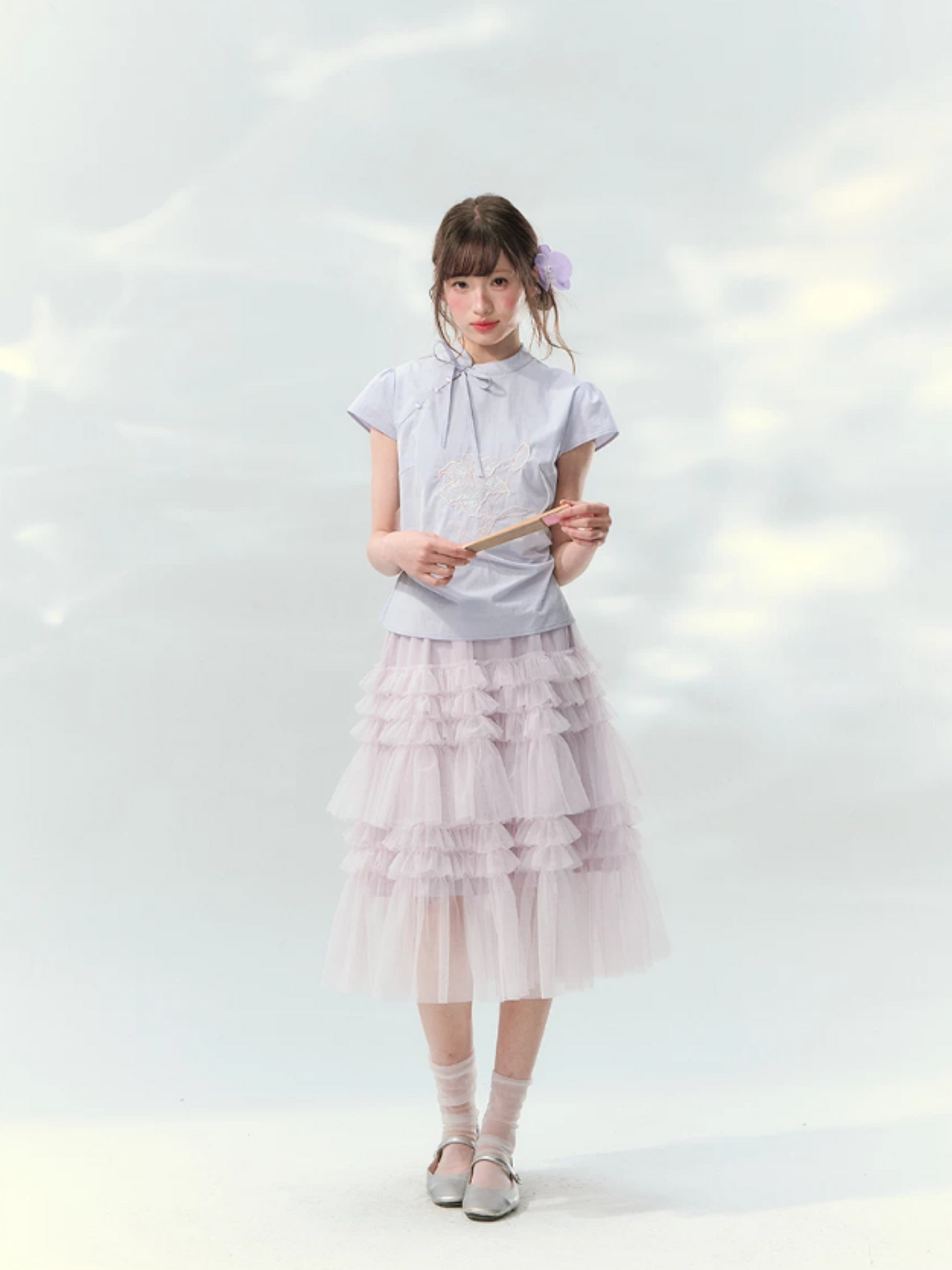 “Lilac Embroidered Whisper” Orchid Purple Mandarin Collar Blouse