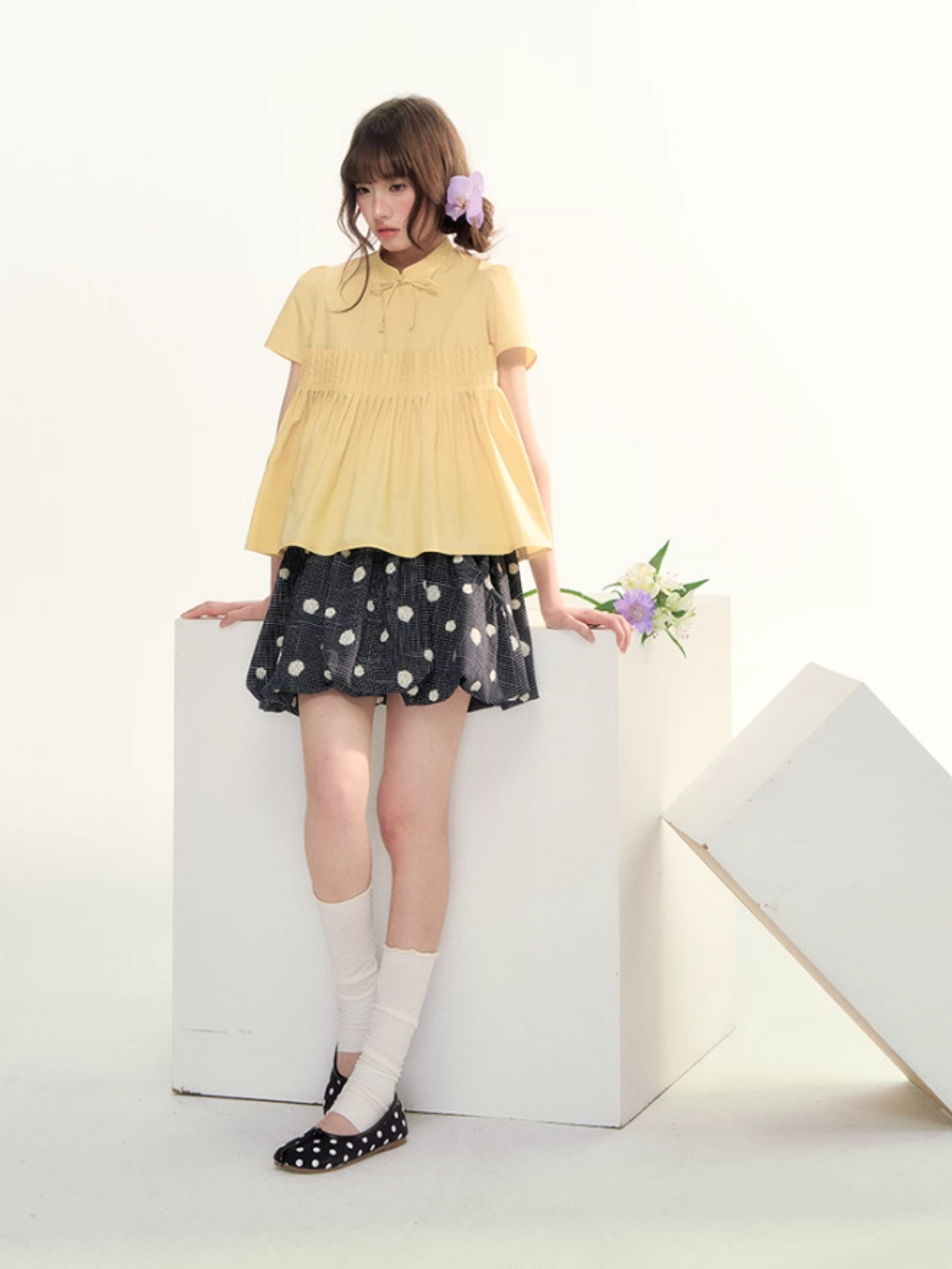 Butter Yellow Pleated Puff Sleeve Blouse WW2026069