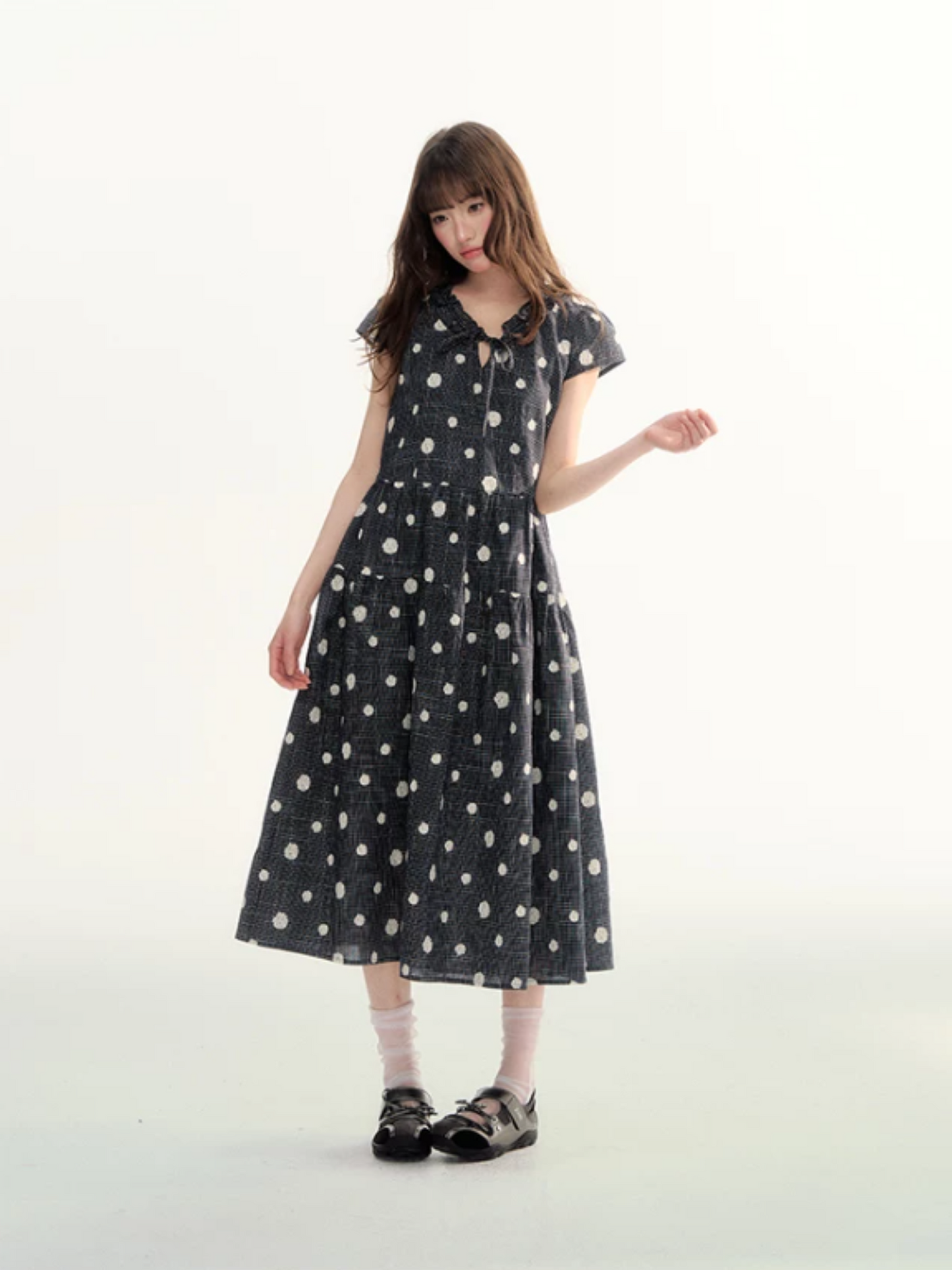 Navy Polka Dot Plaid Tie-Waist A-Line Dress LL2026095