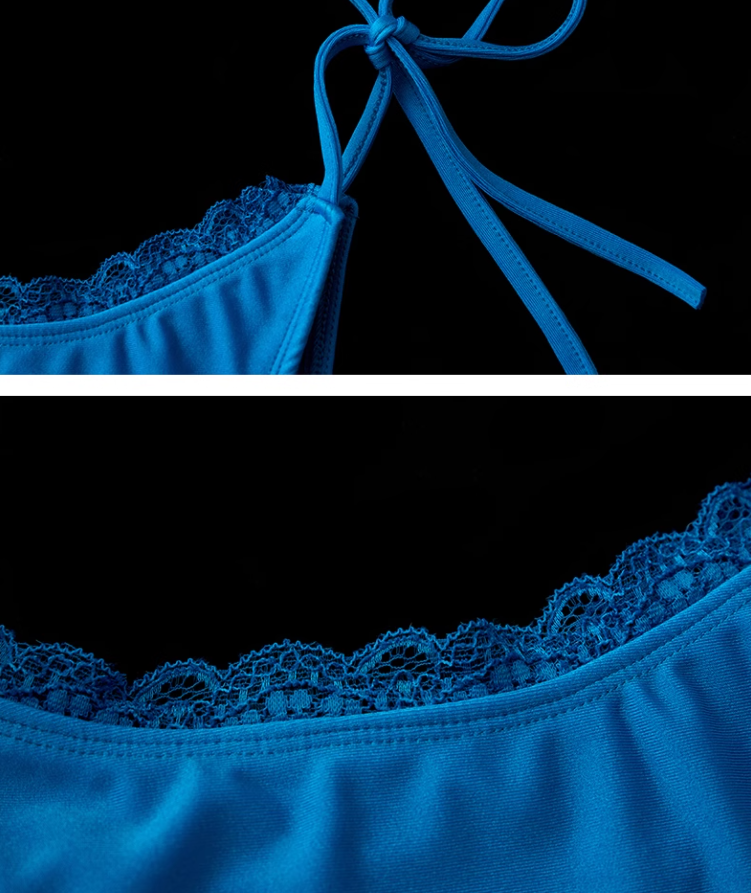 MAMC - Backless Glow Bikini Set in Deep Blue – Artsy Resort Look with Portrait Print