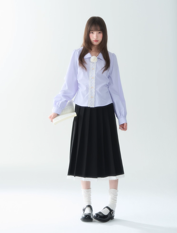 罐头士多所 - "Purple Whisper" Autumn Striped Lace Trim Long Sleeve Shirt