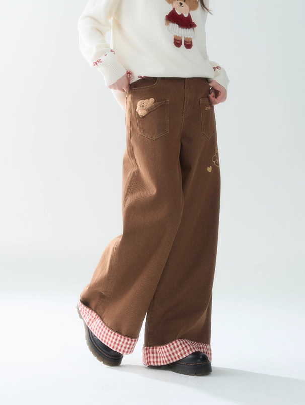 罐头士多所 - "Caramel Teddy" Embroidered Patchwork Pants
