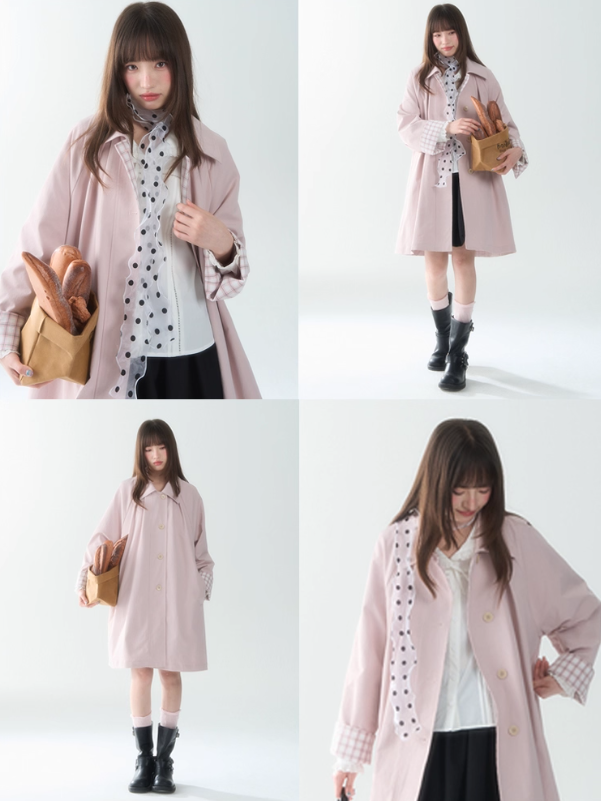 罐头士多所 - Peach Cream Plaid Trench Coat