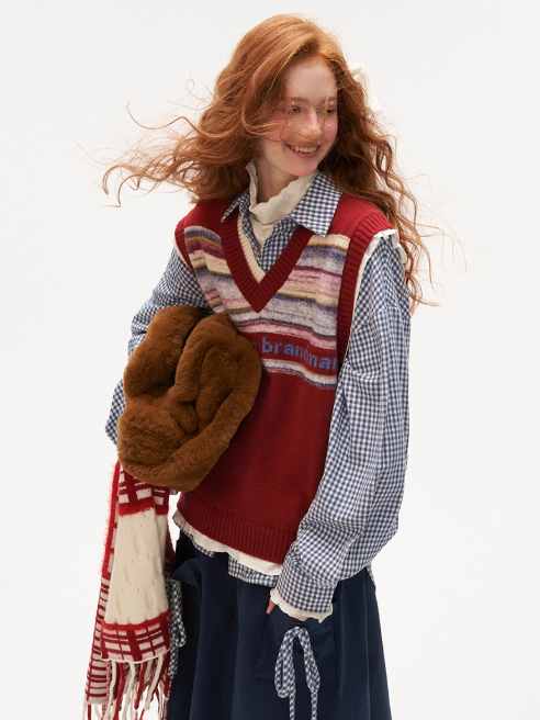 MAMC - Frill Glitch Striped Knit Vest – Red/ Coral Pink