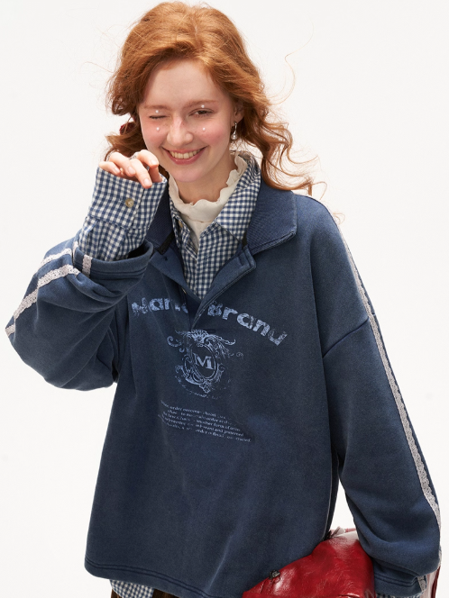 MAMC - Washed Lace-Collar Polo Sweatshirt