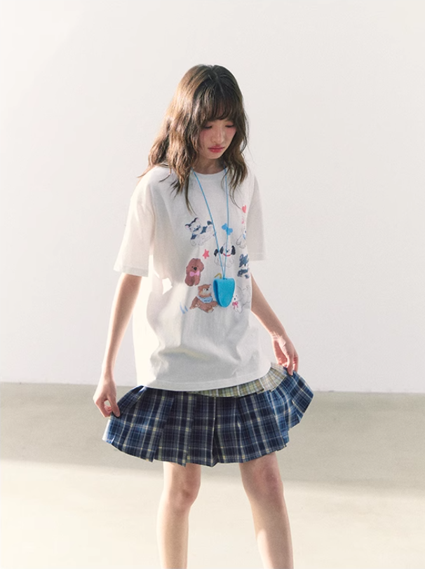 罐头粪便 - Preppy Gingham Patchwork Pleated Skirt – Asymmetric Mini Skirt
