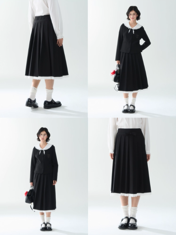 罐头士多所 - "Autumn Scholar" Embroidered Waist-Cinching Collar Coat & Black Skirt Set