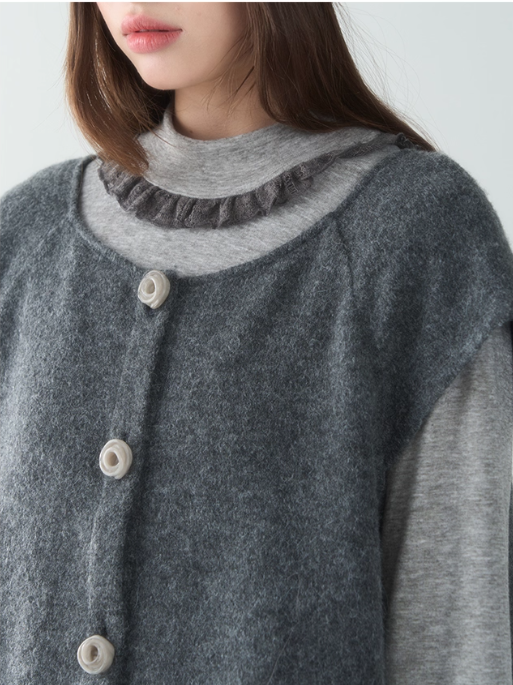 罐头士多所 - Soft Wave Contrast Color Ruffle Edge Knit Cardigan