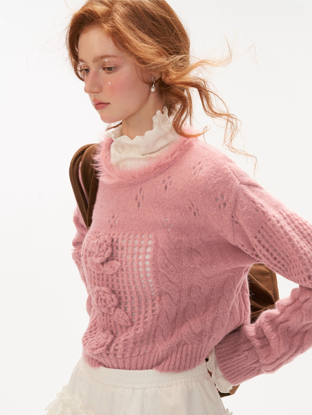 MAMC - 3D Rose Faux Fur Collar Knit Sweater
