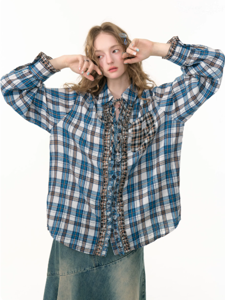 ZiziFei - Oversized Vintage Plaid Shirt with Ruffles