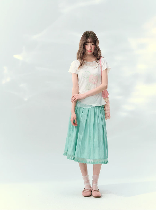 “Mint Waltz” Mint Green Lace Trim Pleated Midi Skirt