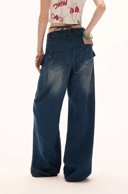 MAMC - Ruffle-Side Wrap Tie Straight Jeans – Edgy Y2K Slim Fit in Blue & Black