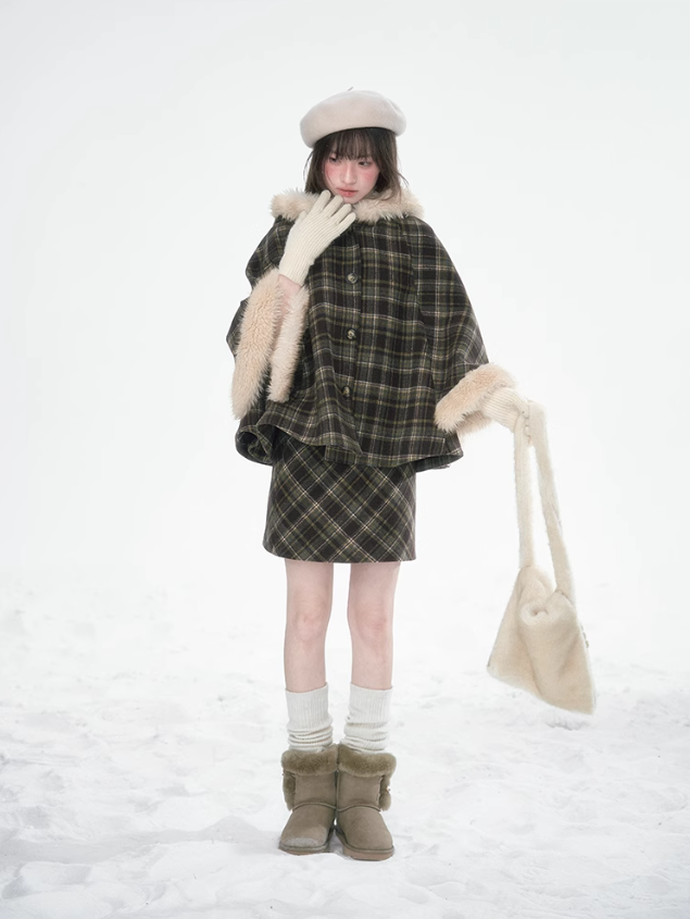 達淵如 - Plaid Cape With Fur Set