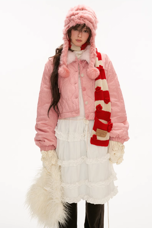 MAMC - Pink Quilted Faux Fur Bomber Jacket with Ribbon Detail