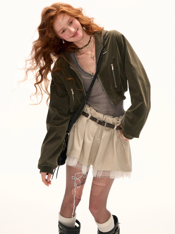 MAMC - Cropped Suede Zip-Up Hoodie Jacket