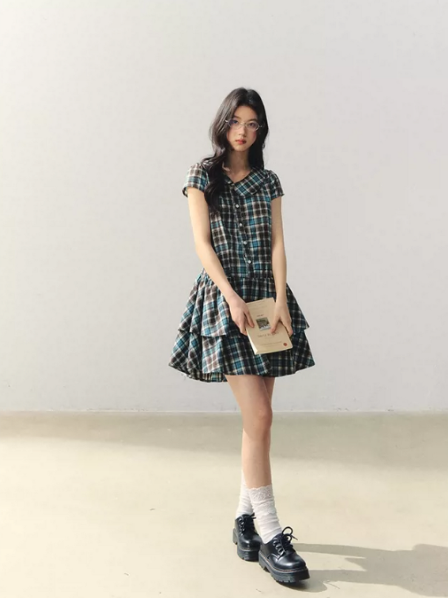 "Pine Chestnut Mint" Asymmetric Collar Plaid Dress LL2026034