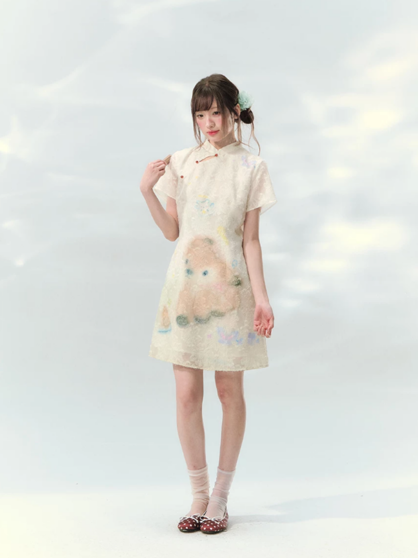 “Velvet Deer Whisper” Ivory Deer Print Cheongsam Dress LL2026174