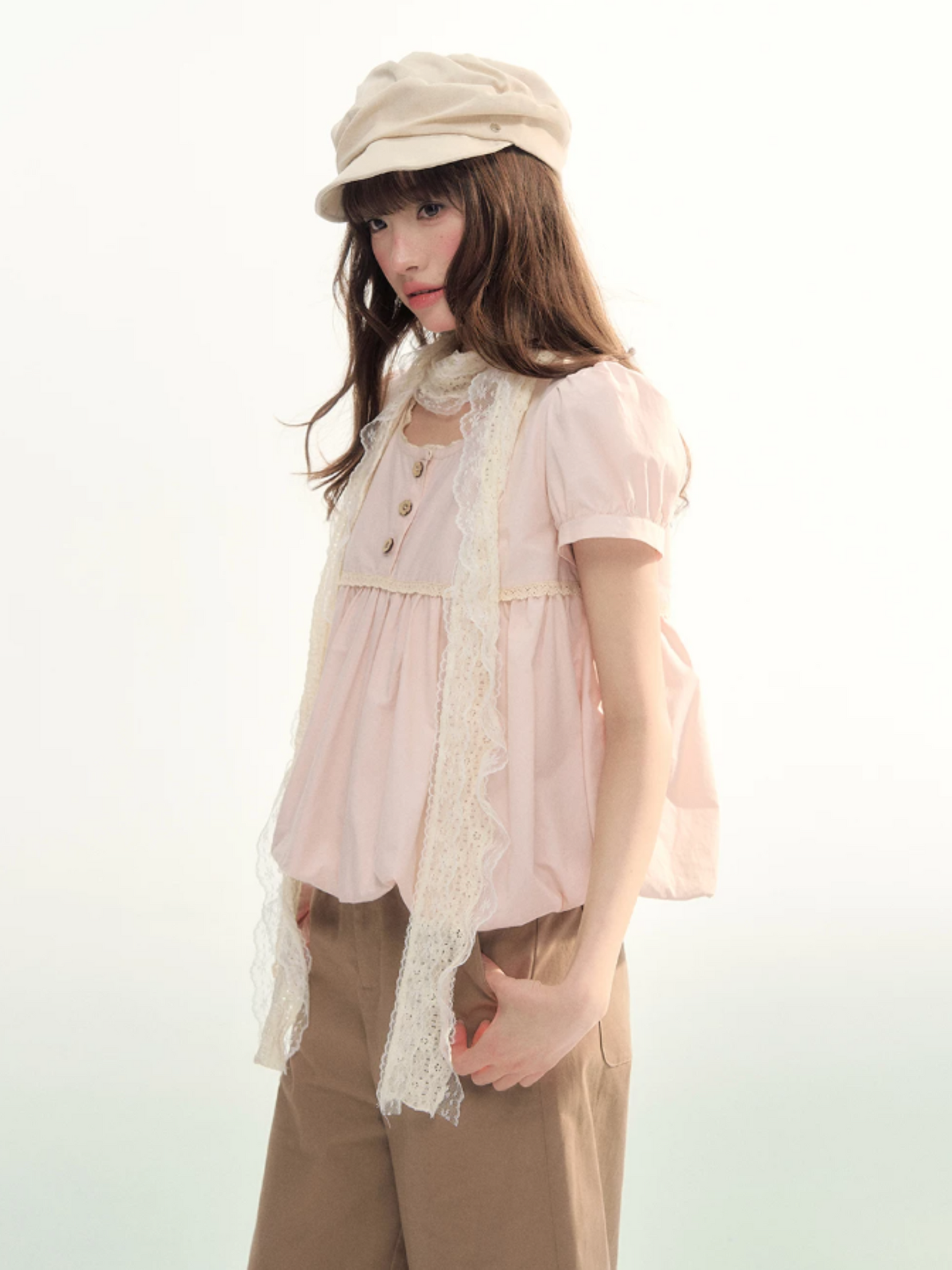 Soft Pink Lace Bubble Hem Blouse WW2026084