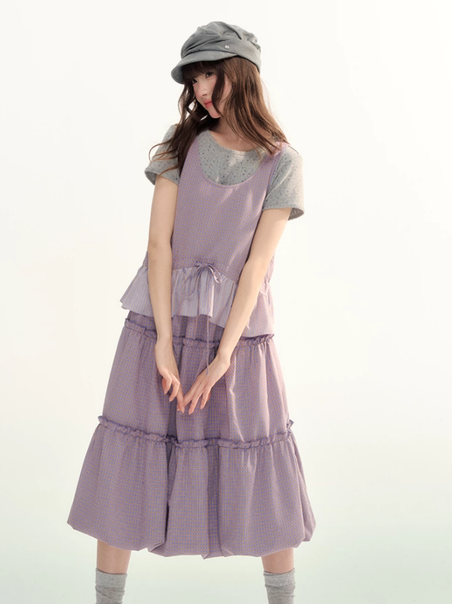 Lavender Plaid Bubble Top & Tiered Skirt Set SJ2026091