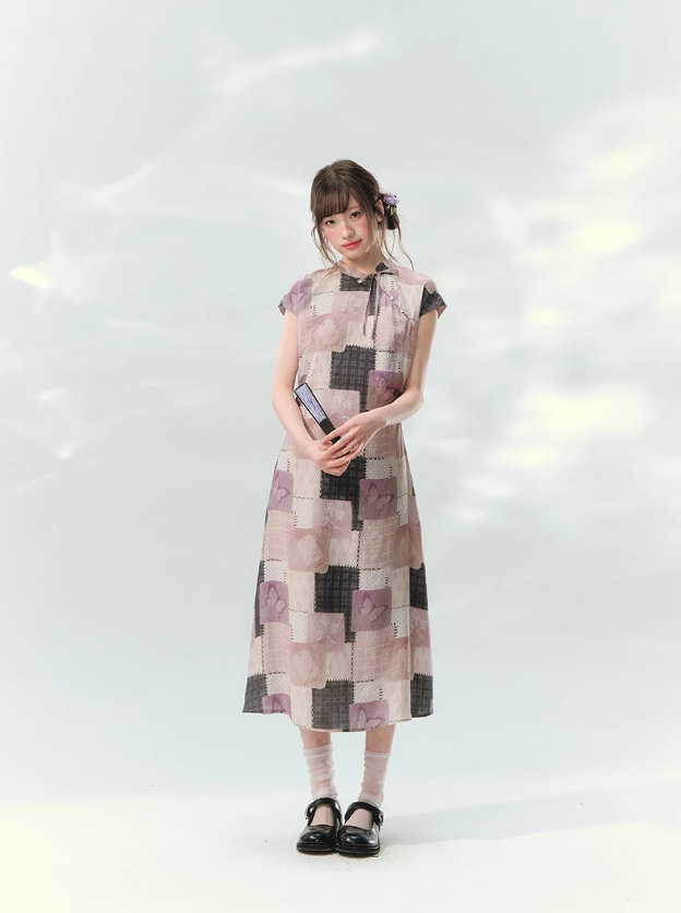 “Wisteria Poetry” Purple Patchwork Print Cheongsam Dress
