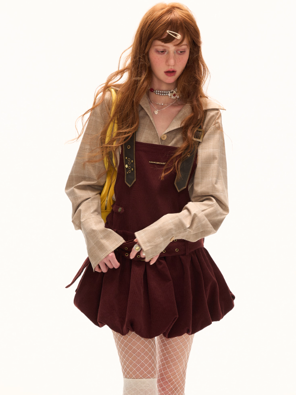 MAMC - Wine Red Corduroy Buckle Strap Mini Dress