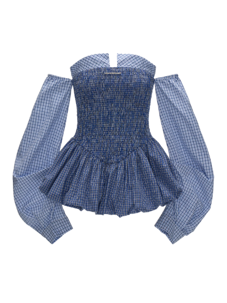 MAMC - Blue Off-Shoulder Shirred Peplum Top