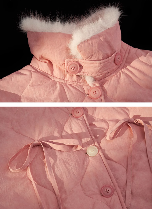 MAMC - Pink Quilted Faux Fur Bomber Jacket with Ribbon Detail