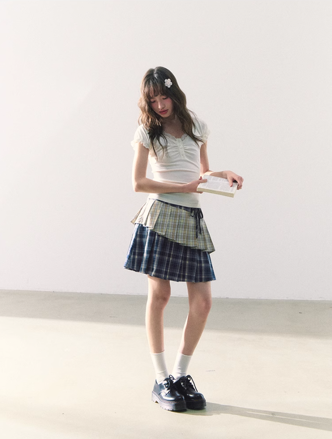 罐头粪便 - Preppy Gingham Patchwork Pleated Skirt – Asymmetric Mini Skirt