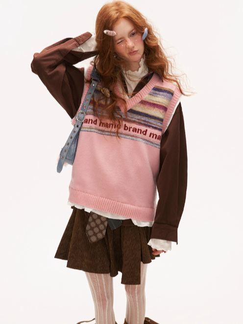 MAMC - Frill Glitch Striped Knit Vest – Red/ Coral Pink