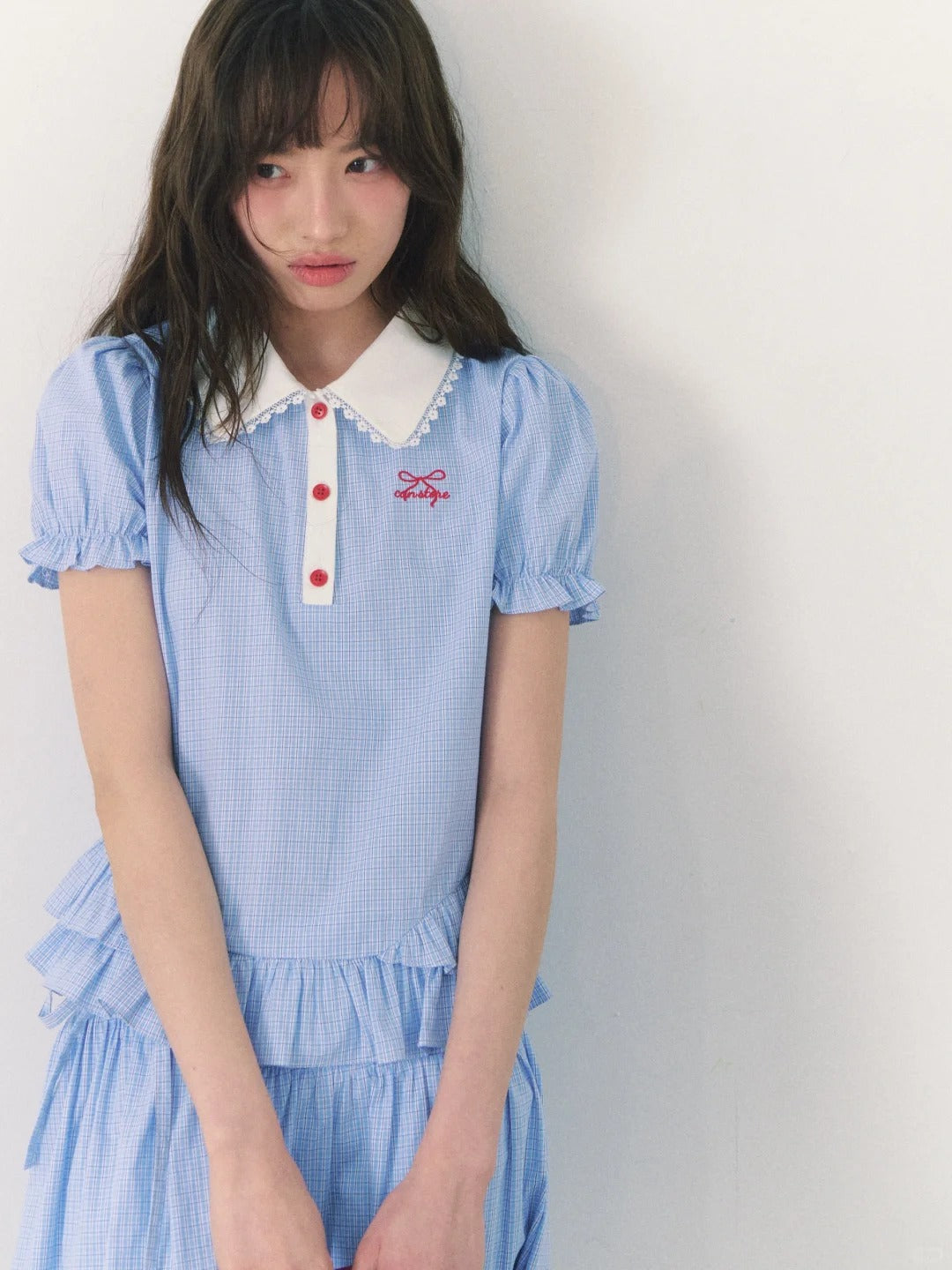 罐头士多所 - "Alice Formula" Light Blue Puff Sleeve Peter Pan Collar Blouse + Skirt Set