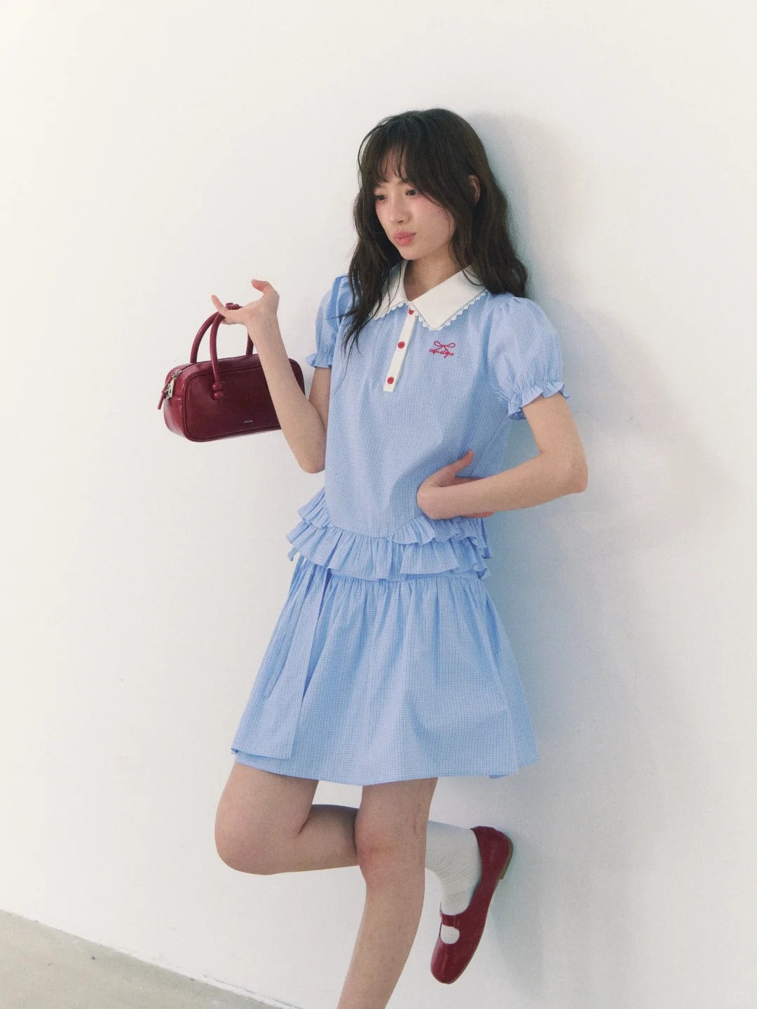 罐头士多所 - "Alice Formula" Light Blue Puff Sleeve Peter Pan Collar Blouse + Skirt Set