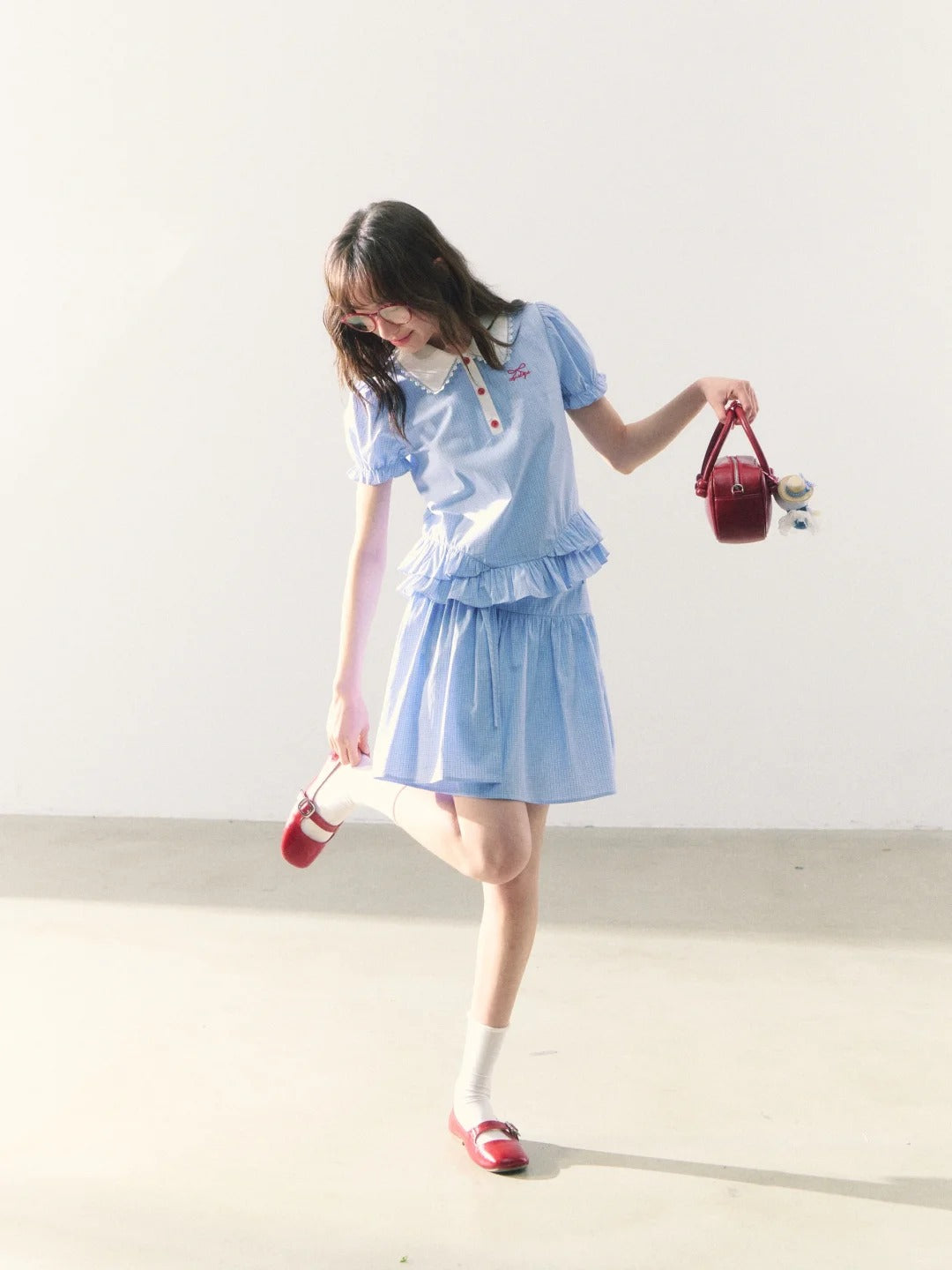 罐头士多所 - "Alice Formula" Light Blue Puff Sleeve Peter Pan Collar Blouse + Skirt Set