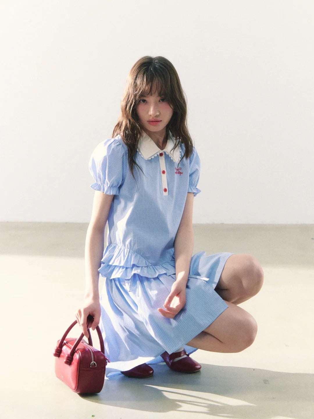 罐头士多所 - "Alice Formula" Light Blue Puff Sleeve Peter Pan Collar Blouse + Skirt Set