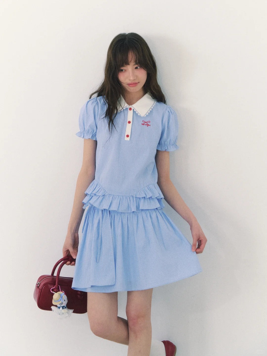 罐头士多所 - "Alice Formula" Light Blue Puff Sleeve Peter Pan Collar Blouse + Skirt Set