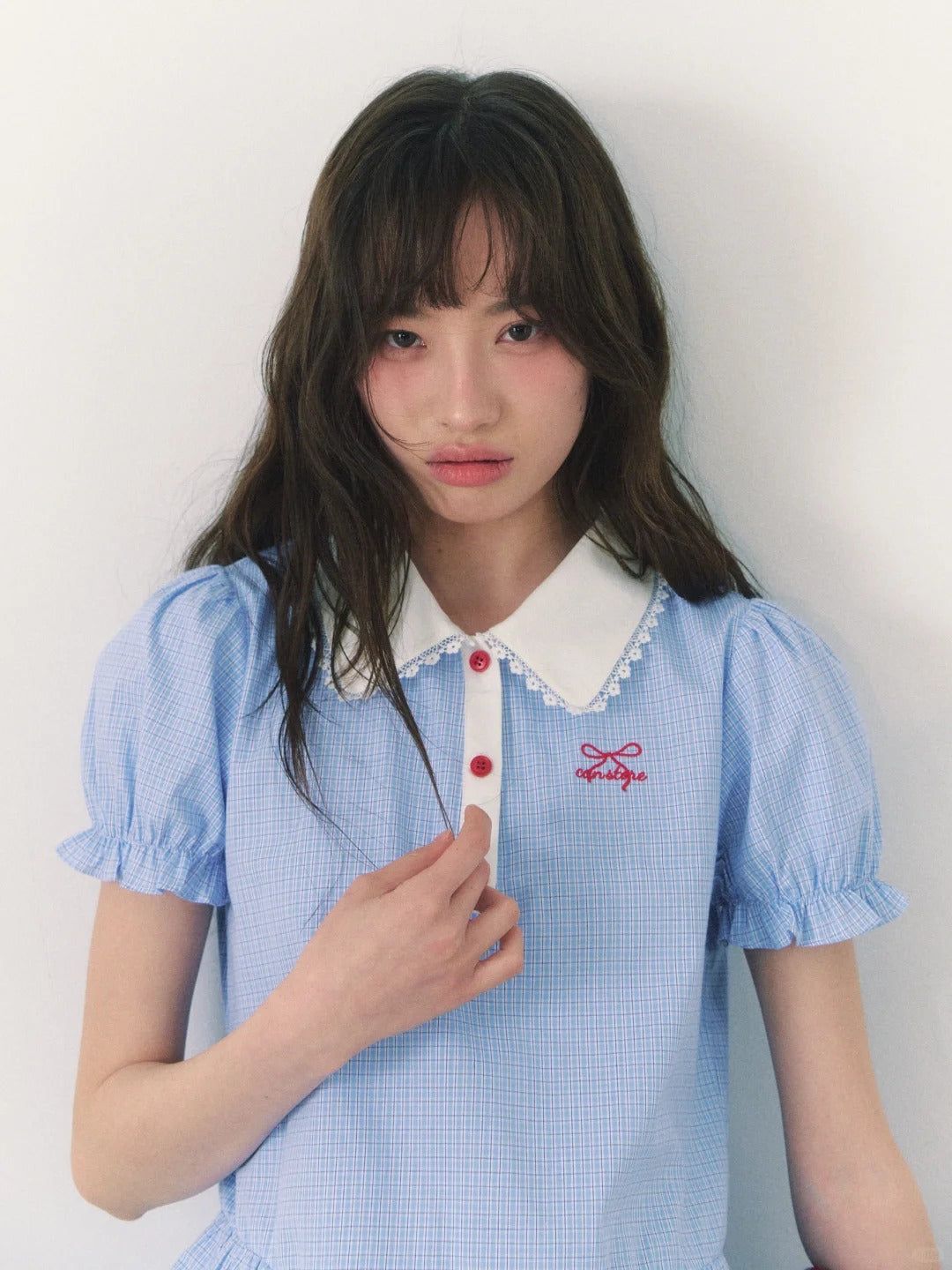 罐头士多所 - "Alice Formula" Light Blue Puff Sleeve Peter Pan Collar Blouse + Skirt Set