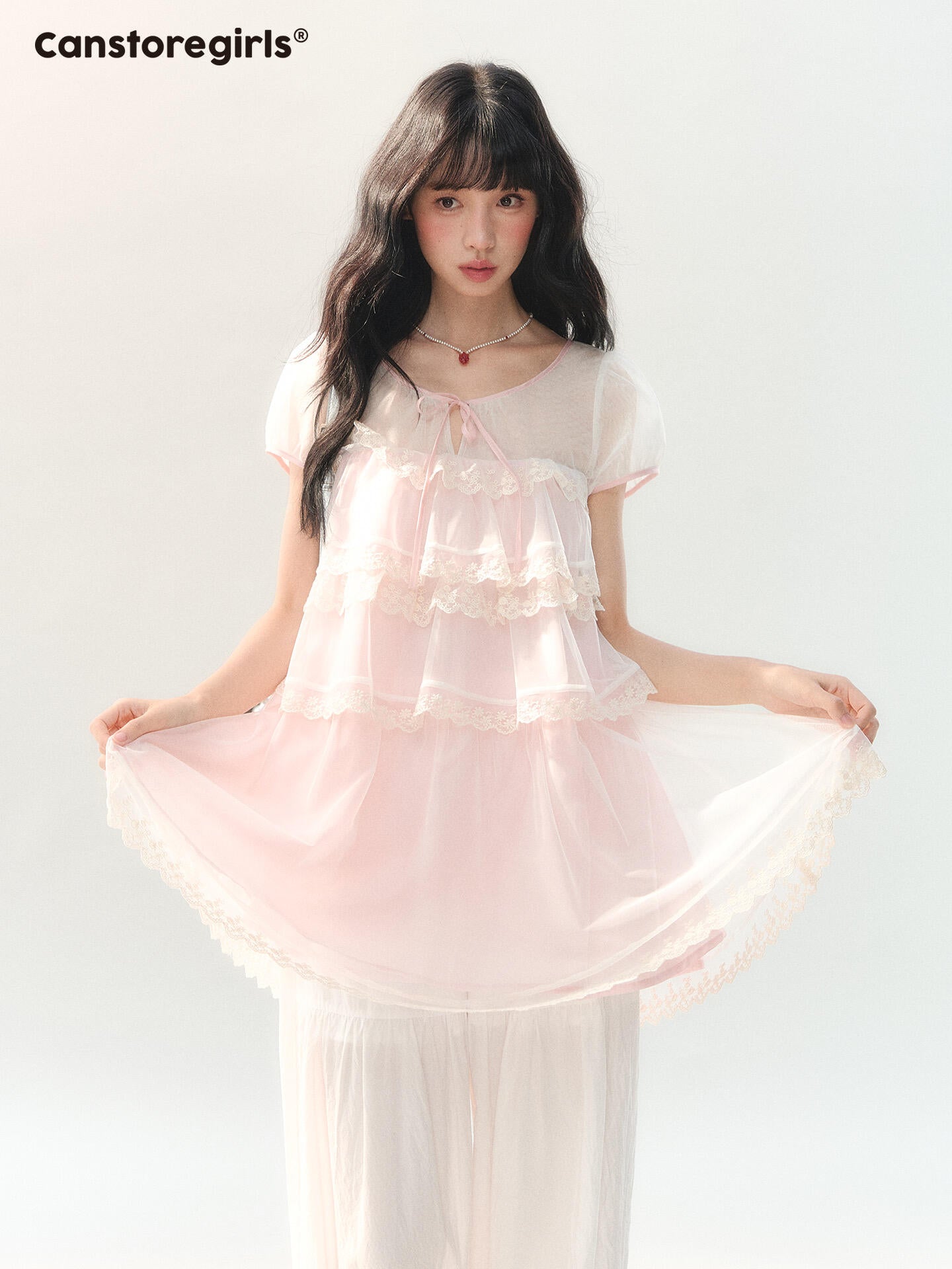 170726C "Peach Mist Sorbet" Pink Lace Chiffon Dress Set