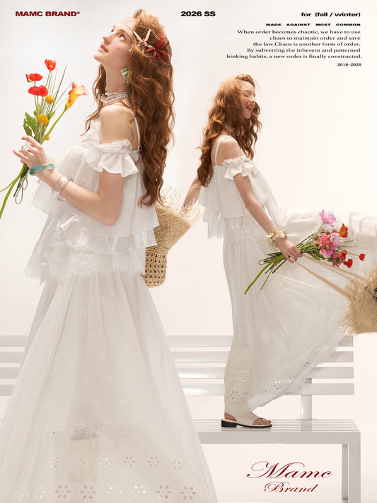 White Lace Ruffle Cami & Eyelet Maxi Skirt Set WE991