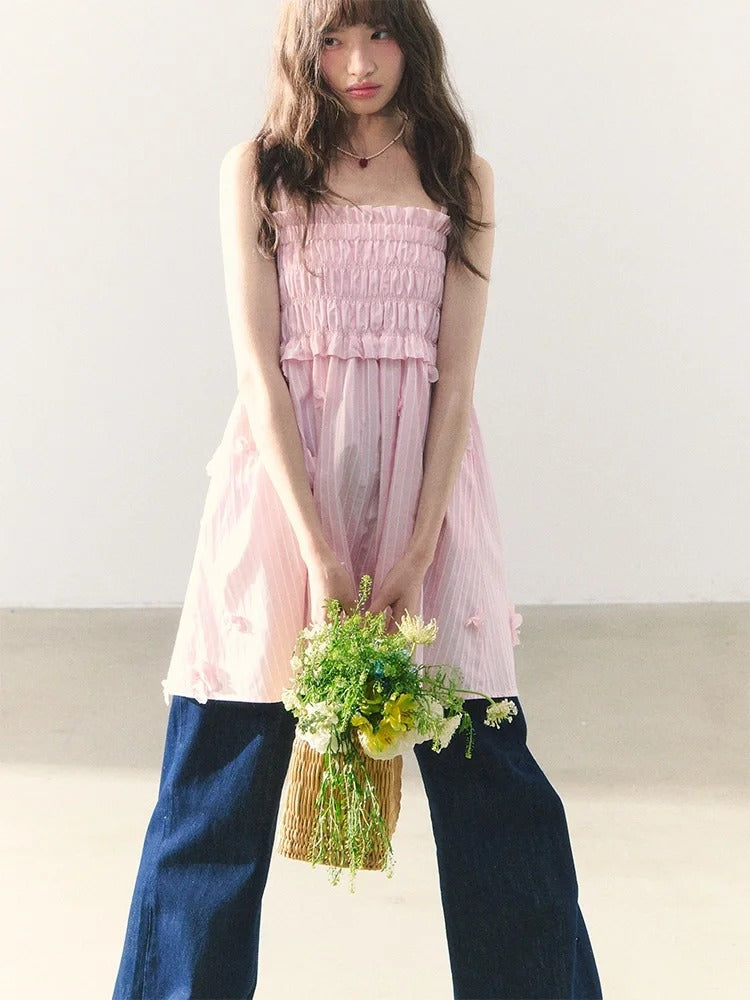 罐头粪便 - Two-Way Striped Ruched Cami Dress – 3D Floral Sweetheart Look