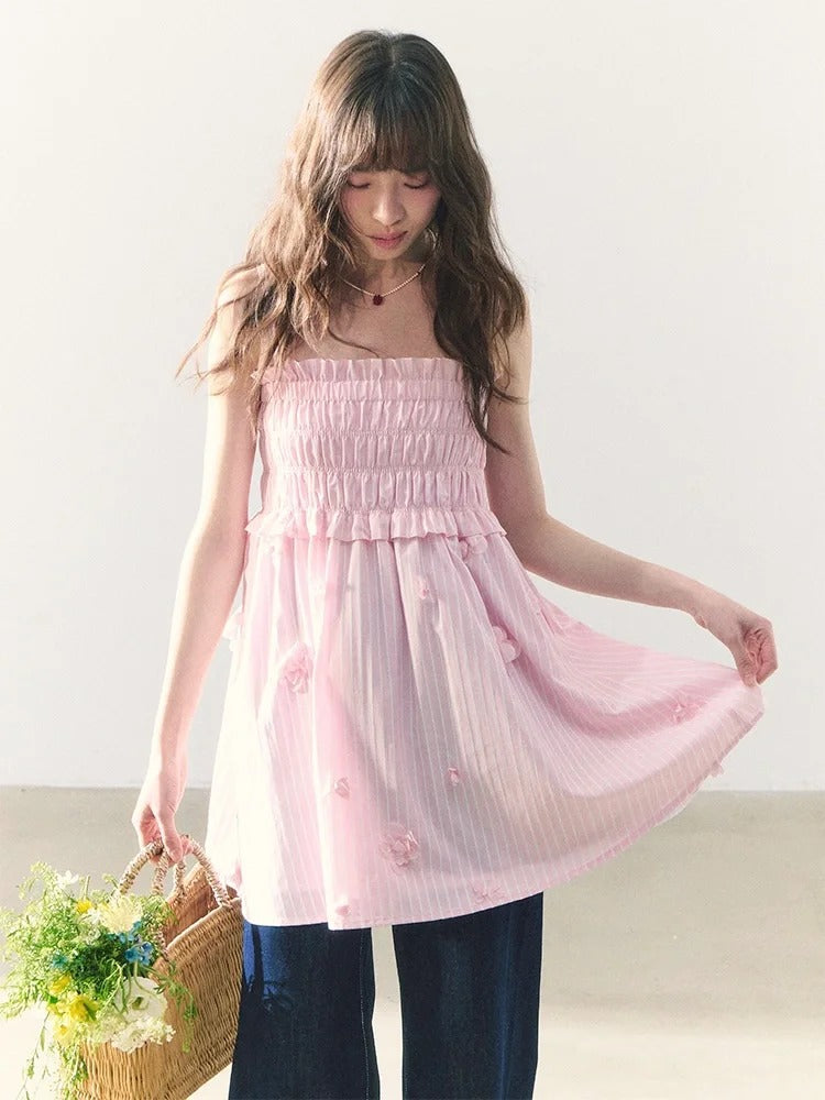 罐头粪便 - Two-Way Striped Ruched Cami Dress – 3D Floral Sweetheart Look