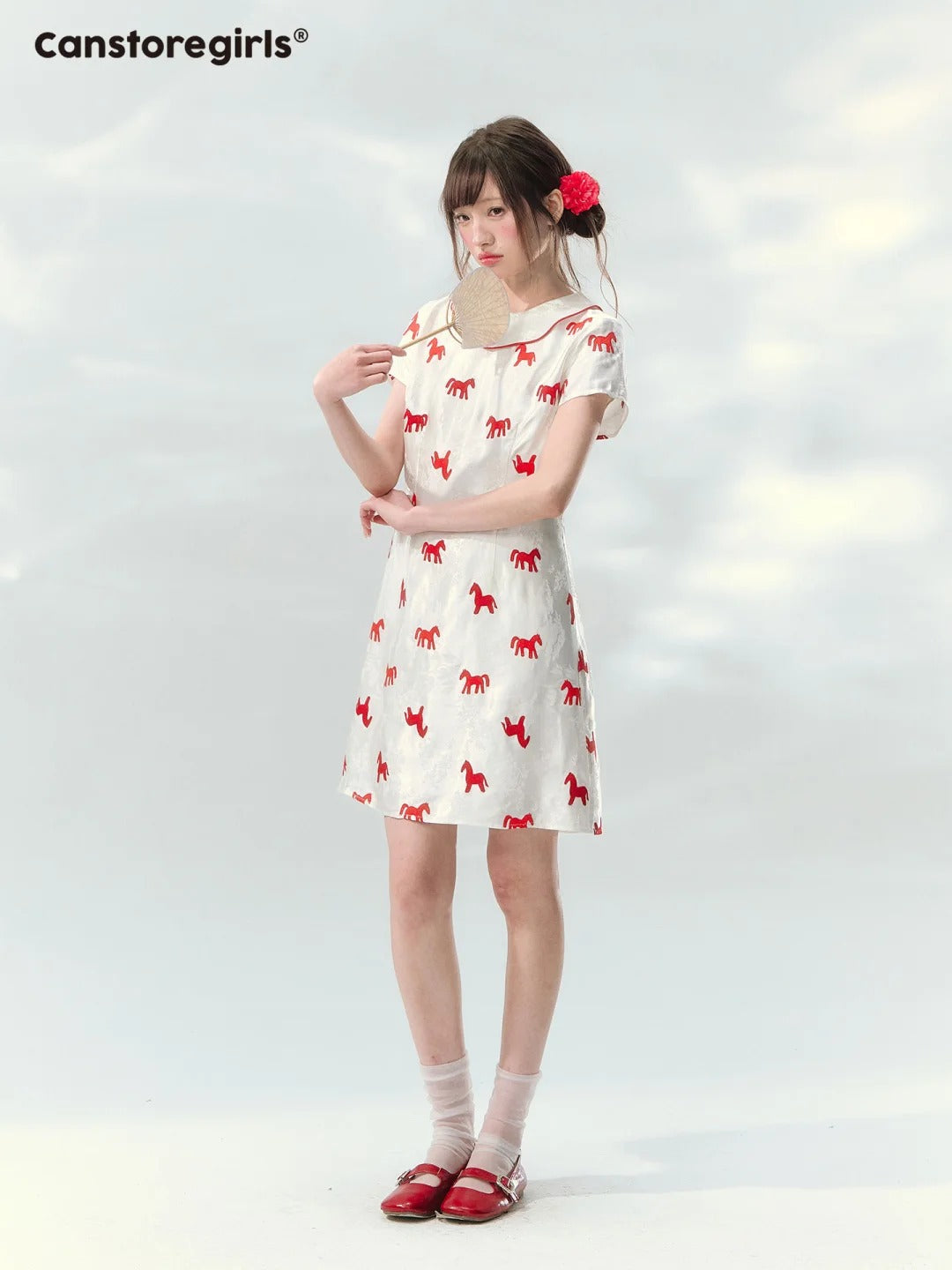 “Crimson Steed Reverie” Red Embroidered Cheongsam Dress LL2026165