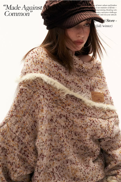 MAMC - Beige Slouchy Textured Off-Shoulder Turtleneck Sweater