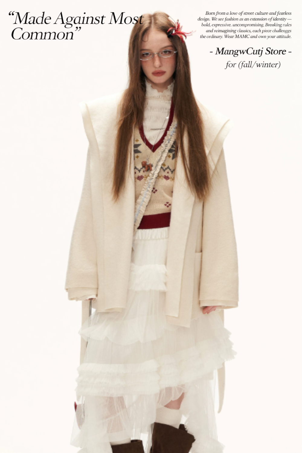 MAMC - White Double-Hood Wool Blend Tie Coat