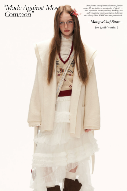 MAMC - White Double-Hood Wool Blend Tie Coat